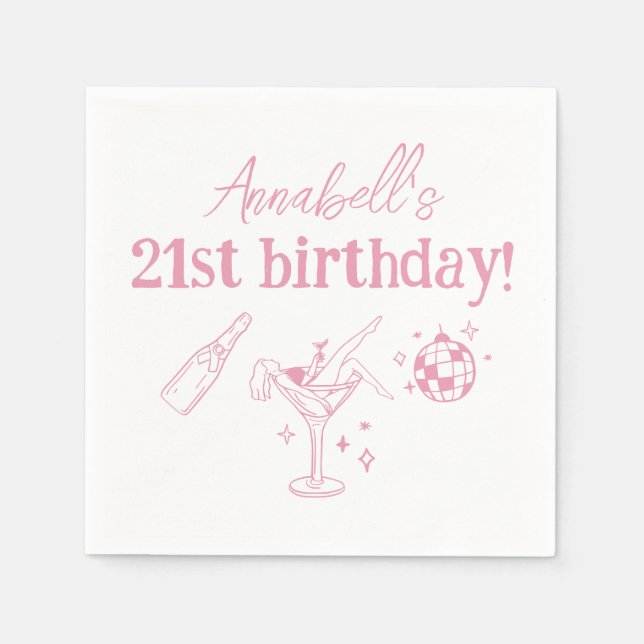 Pink Disco Geburtstagsparty Moderne Handgezeichnet Serviette (Vorderseite)