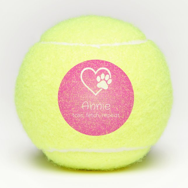 Pink Dog Name Tennis Ball 'toss, fetch, repeat' (Vorderseite)