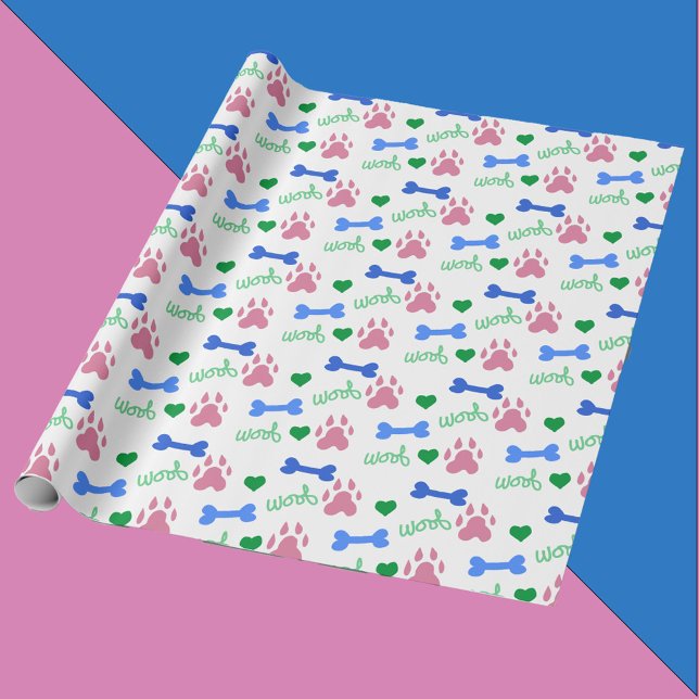 Pink Dog Paws Blue Bones Green Hearts Woof Pattern Geschenkpapier (A wrapping paper with pink dog paws, blue dog bones, green hearts and woof.)