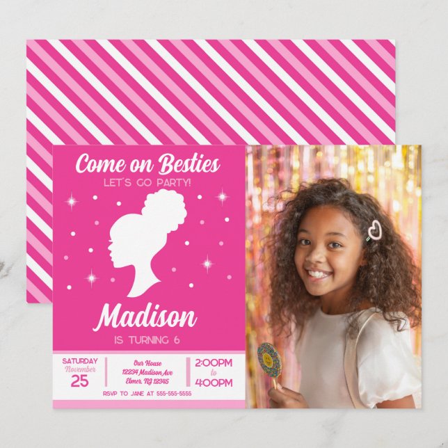 Pink Doll Besties Fashion Party Photo Birthday  Einladung (Vorne/Hinten)