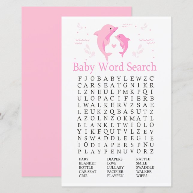 Pink Dolphin Baby Dusche Word Search Game (Vorne/Hinten)