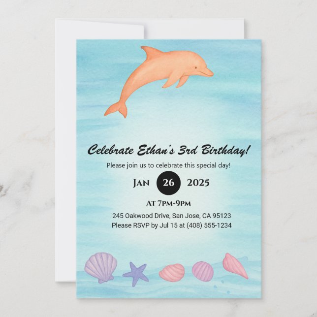 Pink Dolphin & Seashell Beach Birthday  Einladung (Vorderseite)
