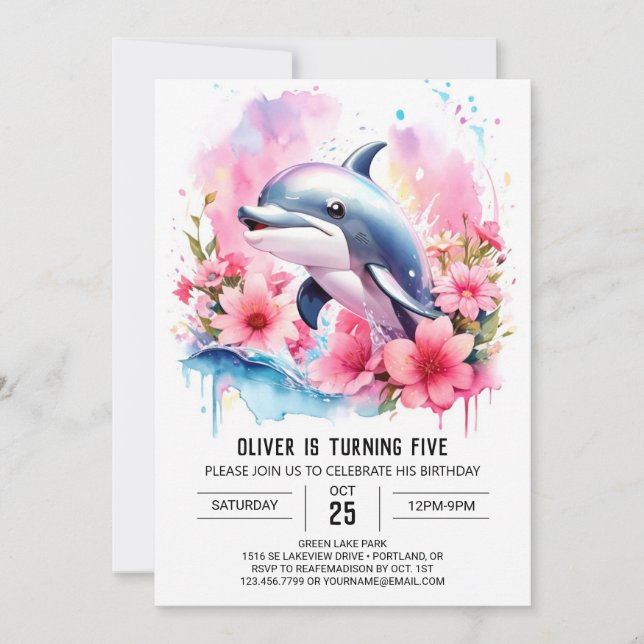 Pink Dolphin's Whimsical Ocean Adventure Geburtsta Einladung (Vorderseite)