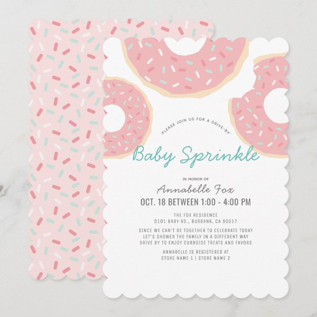 Pink Donut Drive-by Baby Sprinkle Dusche Einladung (Vorne/Hinten)