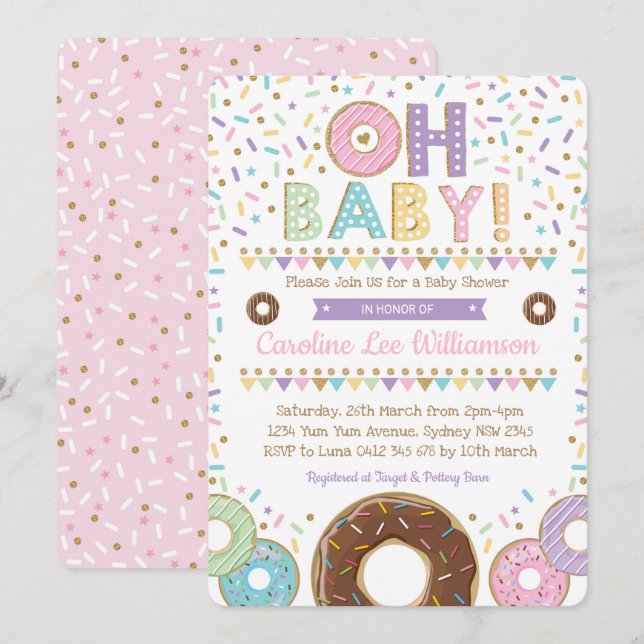 Pink Donut Sprinkles Girl Baby Dusche Einladung (Vorne/Hinten)