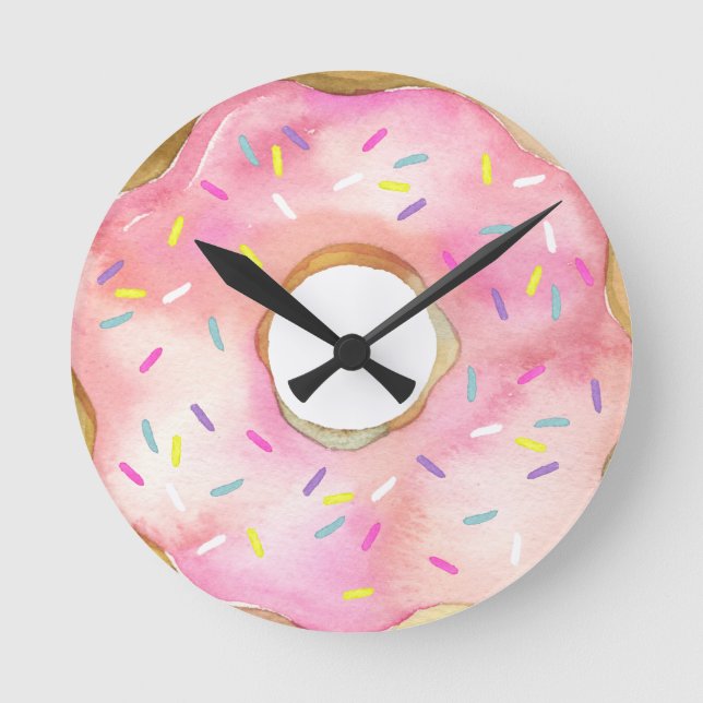 Pink Donut Wasserfarbe Doughnut Niedliche Sprinkle Runde Wanduhr (Vorderseite)