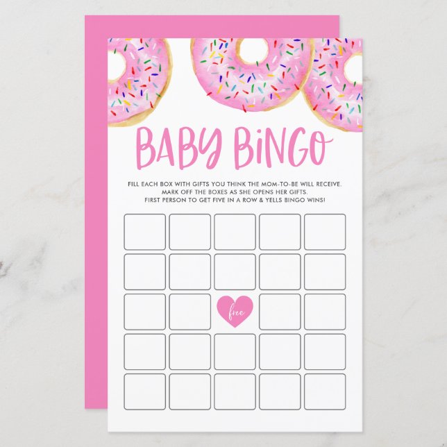 Pink Donuts Baby Shooter Bingo Game Card (Vorne/Hinten)