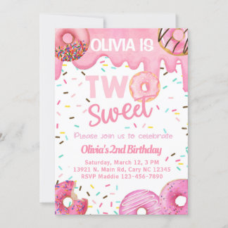 Pink Donuts süße zwei Mädchen 2. Geburtstag einlad Einladung