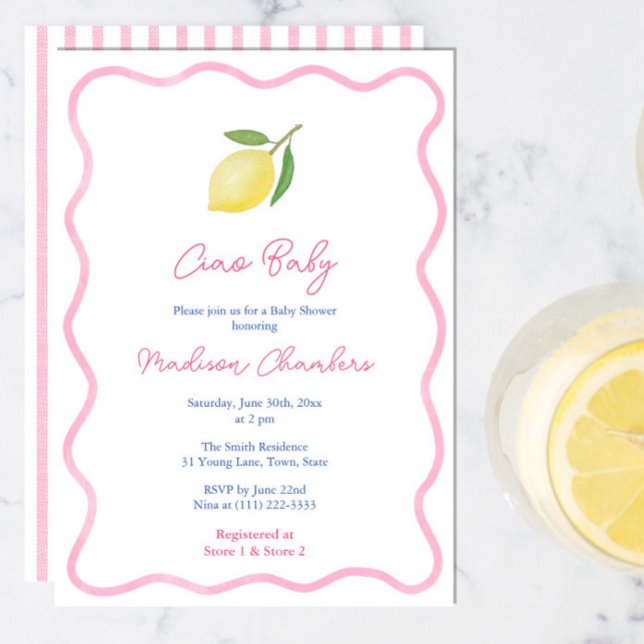 Pink Doodle Border Lemon Baby Girl Dusche Einladung (Ciao Baby Girl Shower invite with trendy pink wavy border, citrus lemon and pink white stripe backer)