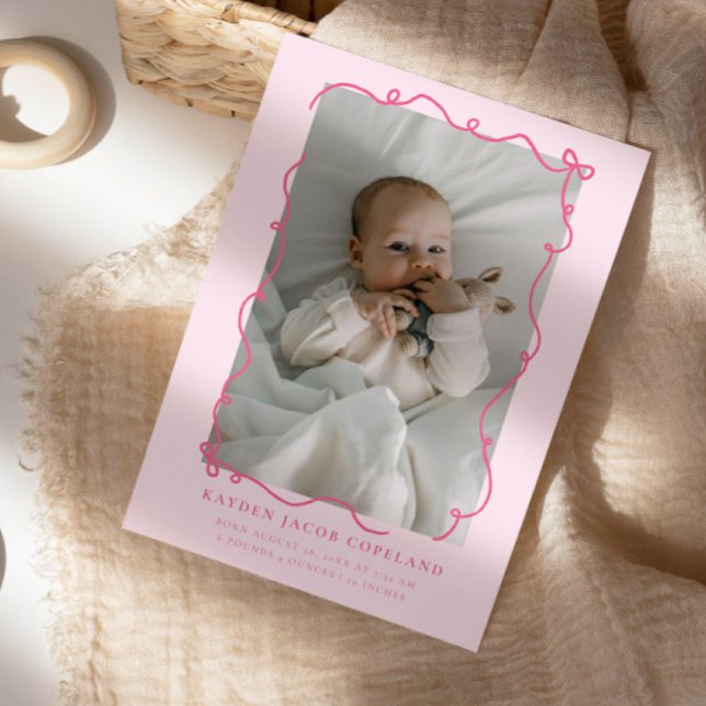 Pink Doodle Bows Frame Birth Announcement Foto Ankündigung (Von Creator hochgeladen)