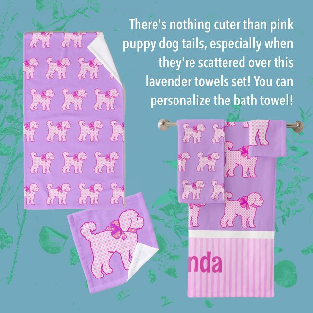 Pink Doodle Dog Lavendel Personalisiert Badhandtuch Set (Pink Puppy Love bath towel set)