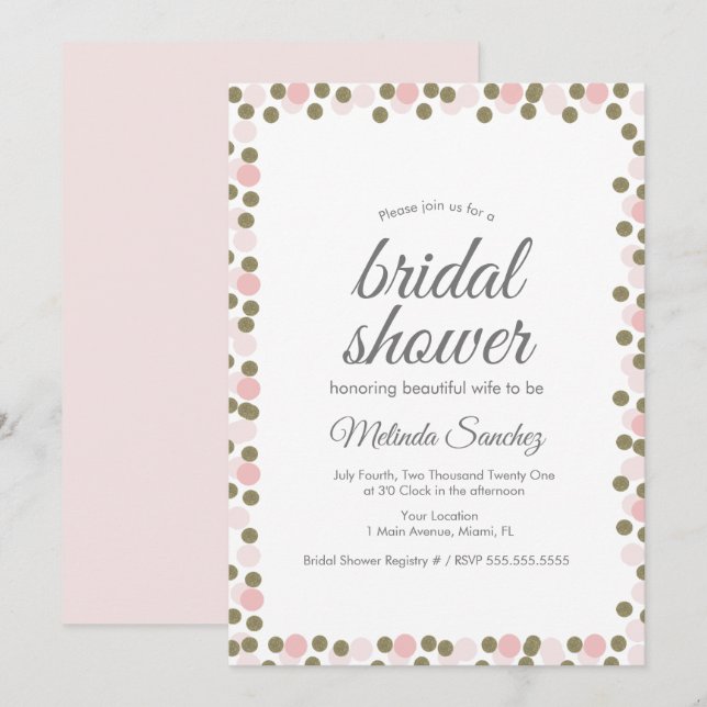 Pink Dots Confetti Gold Border Brautparty Einladung (Vorne/Hinten)