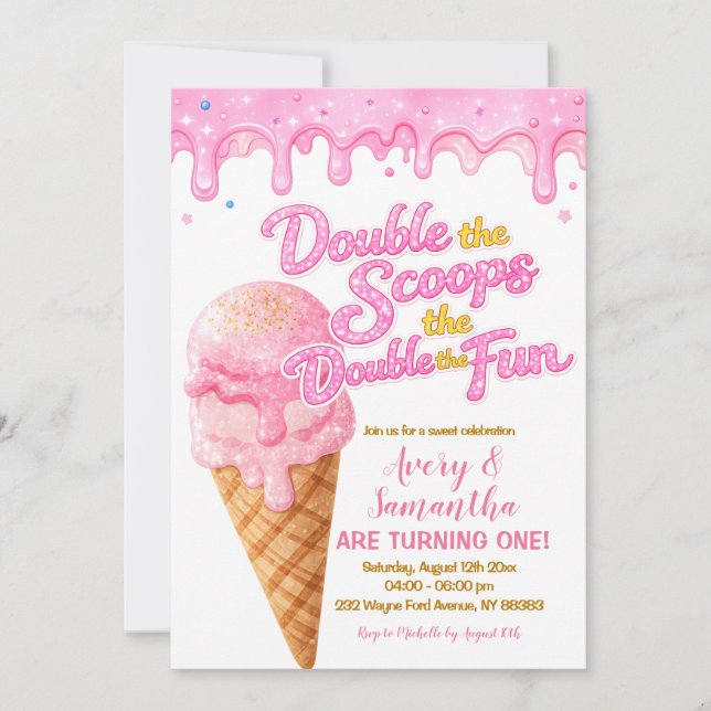 Pink Double the Scoops Birthday Glitter Sparkle Einladung (Vorderseite)
