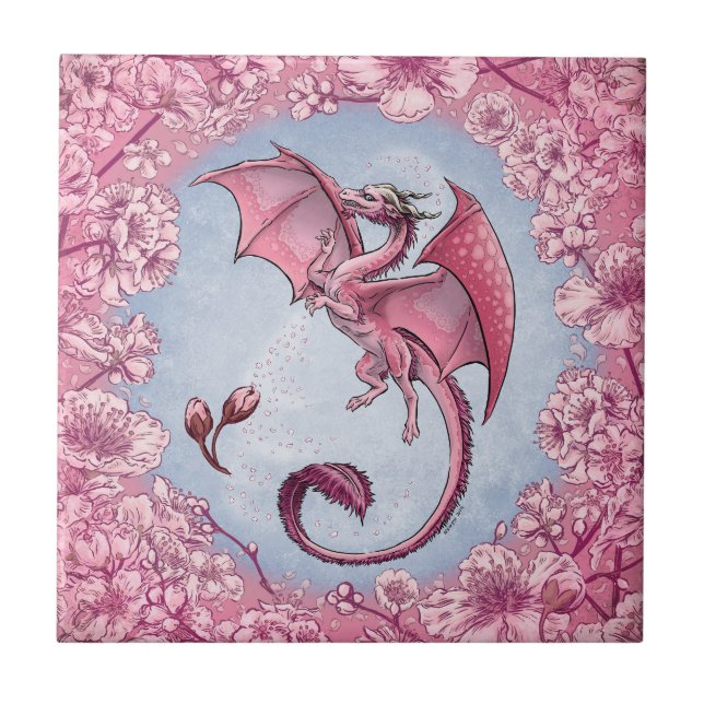 Pink Dragon of Spring Nature Fantasy Art Fliese (Vorderseite)