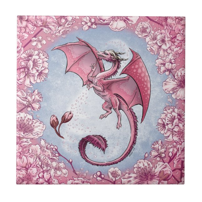 Pink Dragon of Spring Nature Fantasy Art Fliese (Vorderseite)