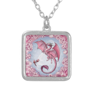 Pink Dragon of Spring Nature Fantasy Art Versilberte Kette