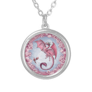 Pink Dragon of Spring Nature Fantasy Art Versilberte Kette