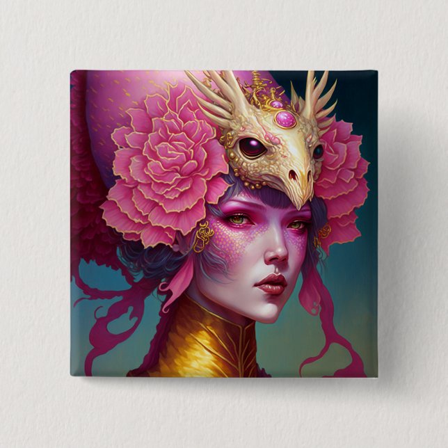 Pink Dragon Skull Fantasy Art Button (Vorderseite)
