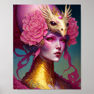 Pink Dragon Skull Woman Fantasy Art Poster