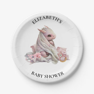 Pink Dragon Watercolor Kinderdusche Pappteller