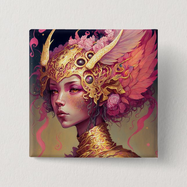 Pink Dragon Woman Fantasy Art Button (Vorderseite)