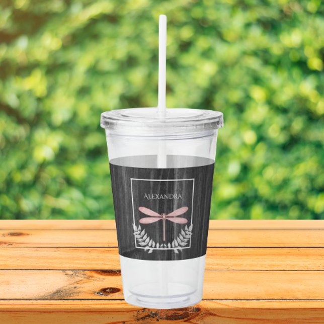 Pink Dragonfly Personalisierter Akryllischer Tumbl Acryltrinkbecher (Pink Dragonfly Rustic Personalized Acrylic Tumbler)