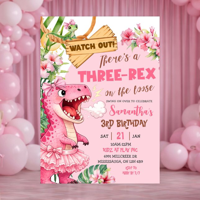 Pink Drei Rex auf freiem Fuß Dritter Geburtstag Einladung (Von Creator hochgeladen)