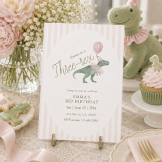Pink Drei Rex Dinosaur Dritte Geburtstagseinladung Einladung