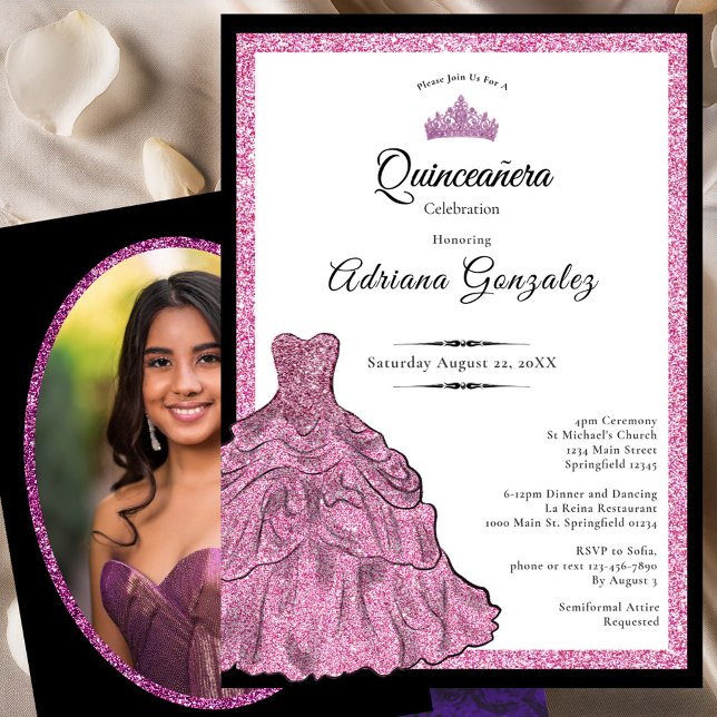 Pink Dress and Tiara Custom Photo Quinceanera Einladung (Von Creator hochgeladen)