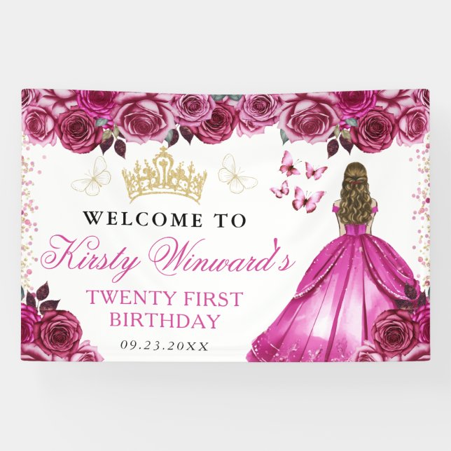 Pink Dress Blonde Princess Floral Birthday Banner (Horizontal)