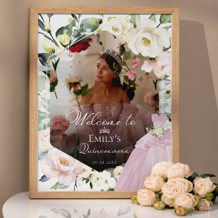 Pink Dress Floral Foto Quinceañe Begrüßungszeichen Poster