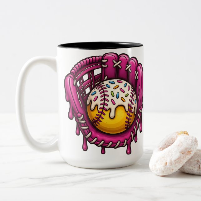 Pink Drip Baseball Glove Sprinkles Art Zweifarbige Tasse (Mit Donut)