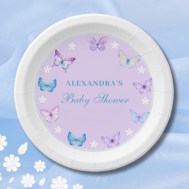 Pink Dusty Blue Lila Butterfly Babydusche Pappteller (Von Creator hochgeladen)