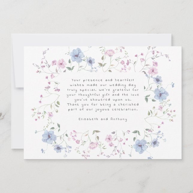 Pink & Dusty Blue Watercolor Botanical Wedding  Dankeskarte (Rückseite)