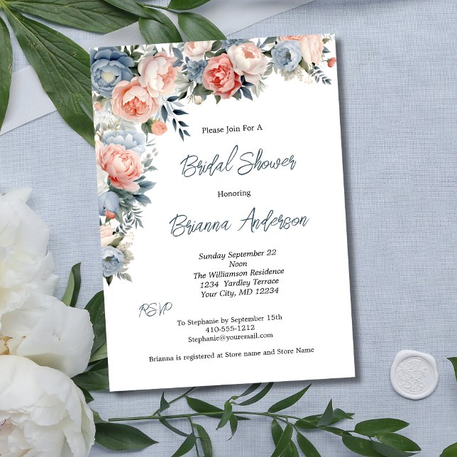 Pink Dusty Blue White Floral Elegantes Brautparty Einladung (Dusty Blue Pink White Floral Bridal Shower Invitation)