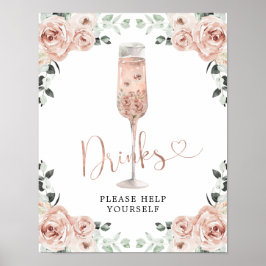 Pink Dusty Rose Petals und Prosecco Drinks signier Poster