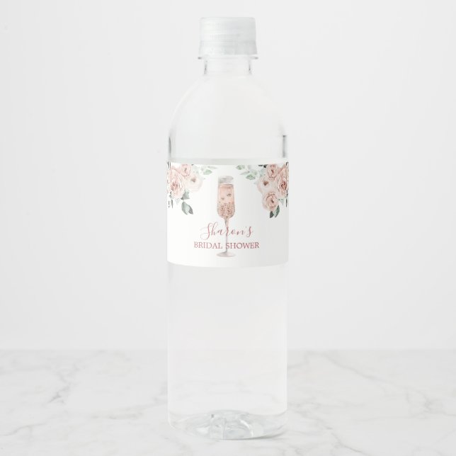 Pink Dusty Rose Petals und Prosecco Wasserflasche Wasserflaschenetikett (Vorderseite)