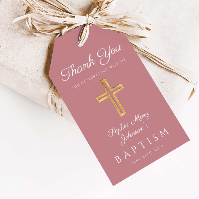 Pink Dusty Rose Religious Cross Girl Baptism Geschenkanhänger (Pink Religious Cross Girl Baptism Thank You Gift Tags)