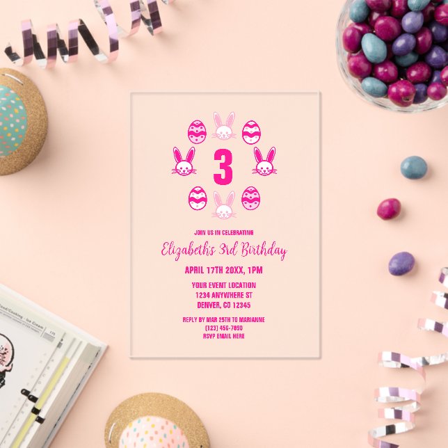 Pink Easter 3rd Birthday Acryleinladungen (Insitu (Feier))