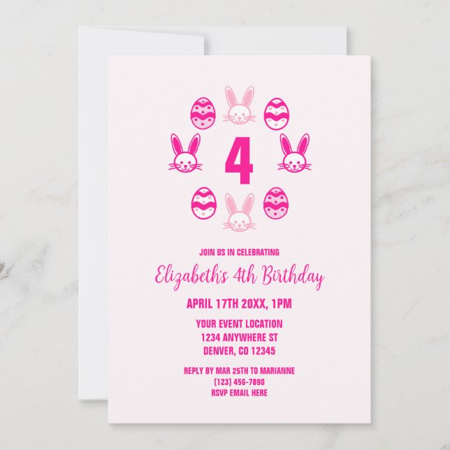 Pink Easter 4th Birthday Einladung (Vorderseite)