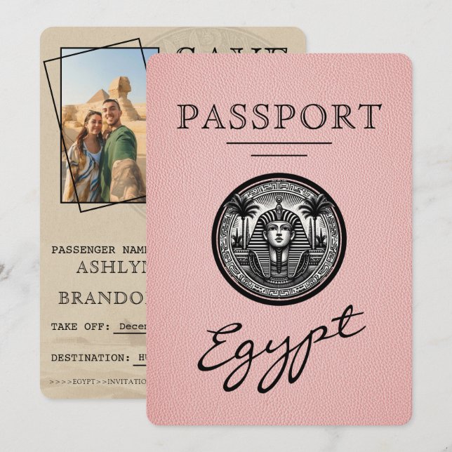 Pink Egypt Passport Wedding Save the Date (Vorne/Hinten)