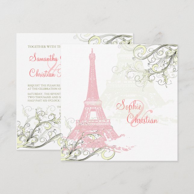 PINK EIFFEL TOWER+WIRBEL / LUXE SHIMMER PAPIER EINLADUNG (Vorne/Hinten)