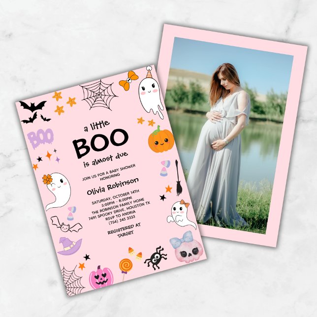 Pink ein wenig Boo Niedliches Foto Halloween Kinde Einladung (Pink A Little Boo Cute Ghost Photo Halloween Baby Shower Invitation  )