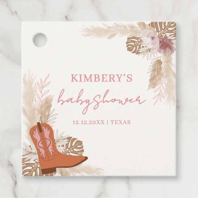 Pink Elegant Boho Cowgirl Boots Pampas Baby Dusche Geschenkanhänger (Vorderseite)