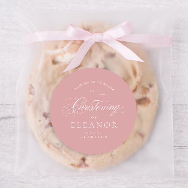 Pink Elegant Calligraphy Christening Danke Runder Aufkleber (Von Creator hochgeladen)