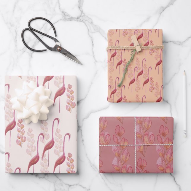 Pink Elegant Watercolor Flamingos Illustration Geschenkpapier Set (Vorderseite)
