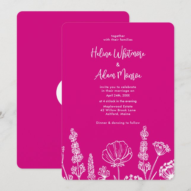 Pink | Elegante Wildblumen Wekdding Einladung (Vorne/Hinten)