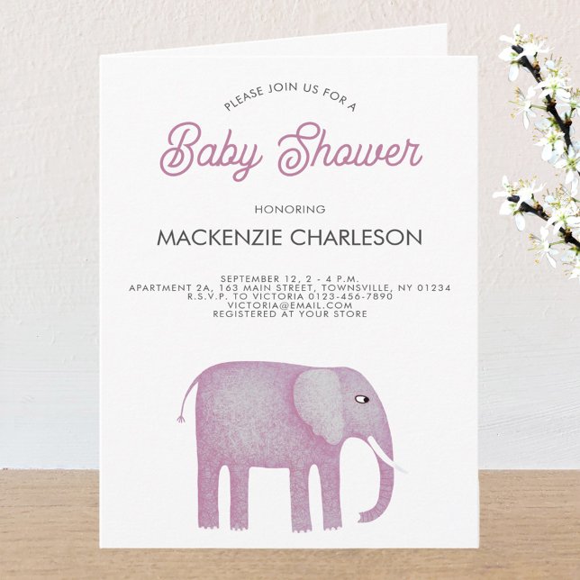 Pink Elephant Baby Dusche Einladung (Pink watercolor elephant baby shower folded invitation)