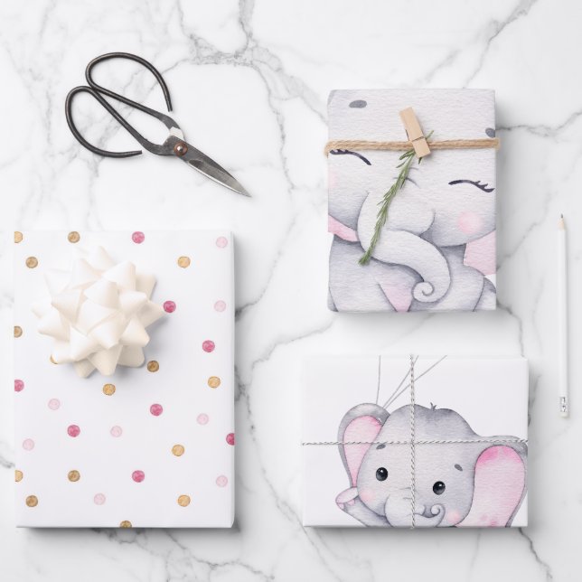 Pink Elephant Baby Dusche Geschenkpapier Set (Vorderseite)