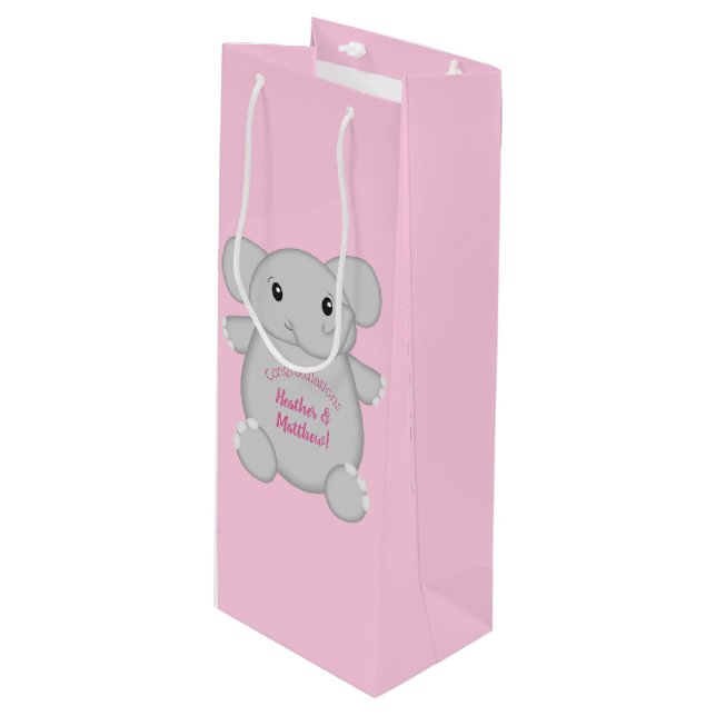 Pink Elephant Baby Dusche Geschenktüte Für Weinflaschen (Vorderseite Schrägansicht)